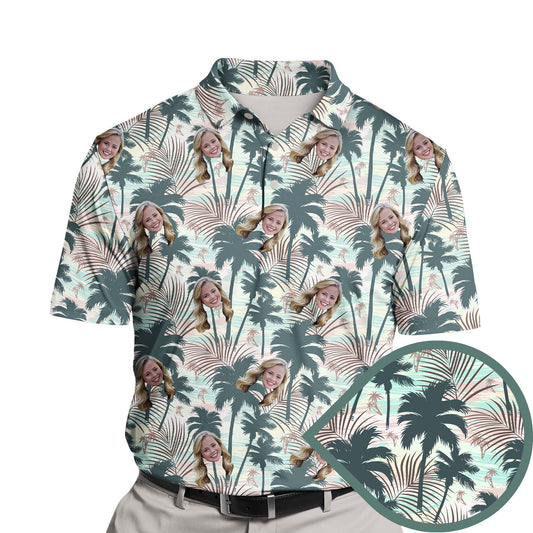 Funny golf shirts with faces on them in a vibrant tropical paradise theme.