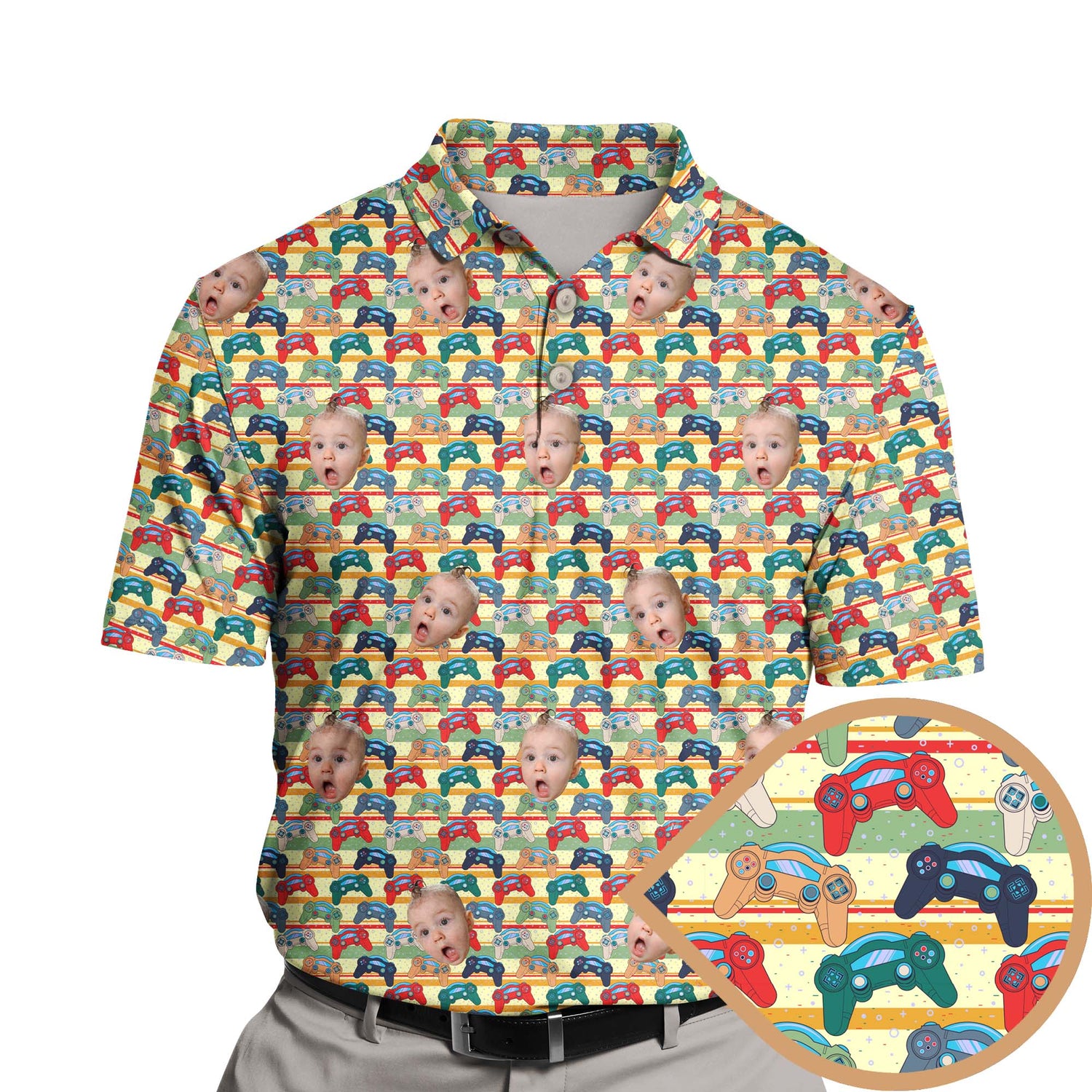Funny golf shirts with faces on them, featuring retro gaming designs.
