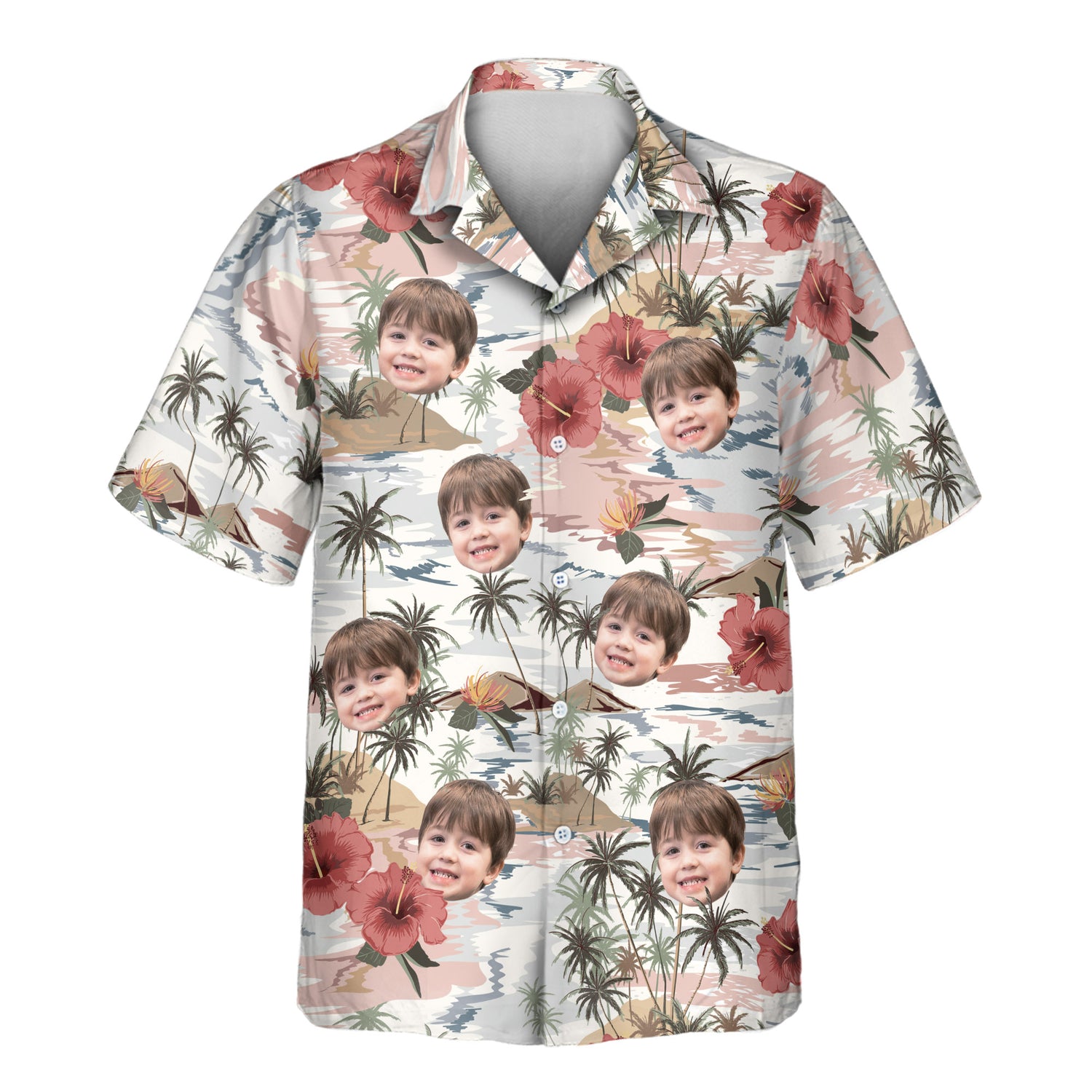 Custom Hawaiian shirts with vibrant palm trees and hibiscus flowers. Personalize shirts with faces on them for the perfect tropical getaway look.
