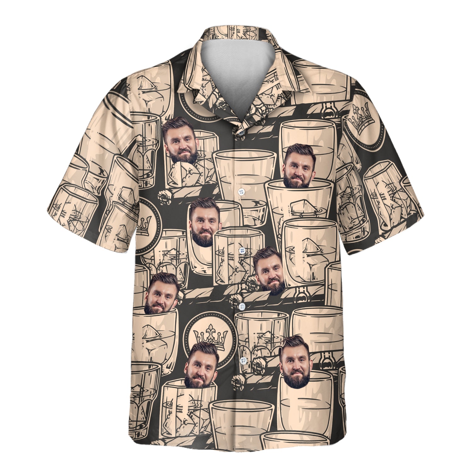 Custom Hawaiian shirts featuring whiskey and cigar designs in black and antique ivory. Personalize shirts with faces on them for a refined, vintage style.