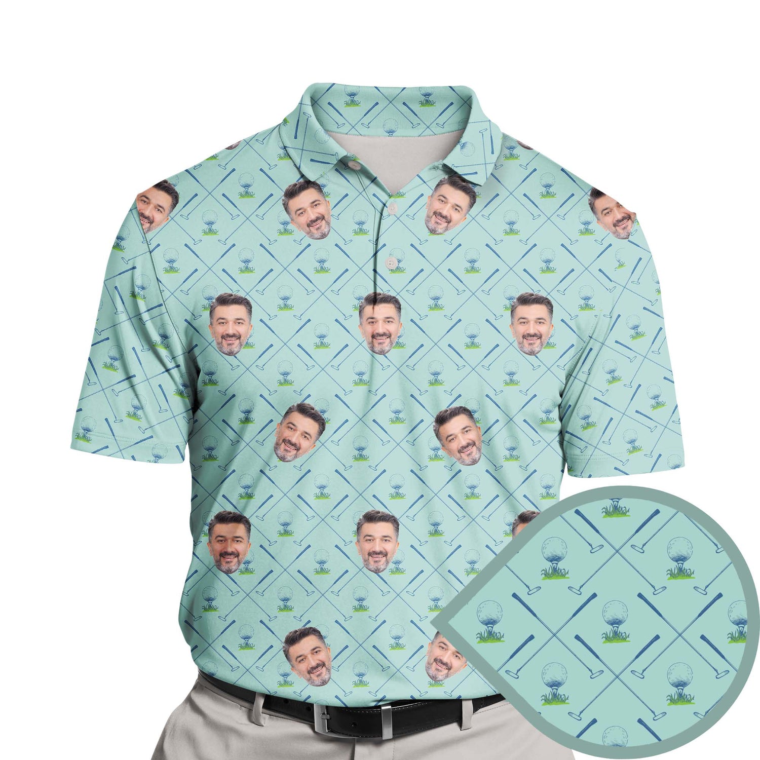 Funny golf shirts with faces on them featuring colorful designs.