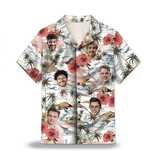 Image: Vintage Island Palm Trees Hibiscus Flowers Custom Hawaiian Shirt. Tropical paradise design with palm trees and hibiscus flowers in vibrant colors. Perfect for a summer getaway. Alt text for accessibility.