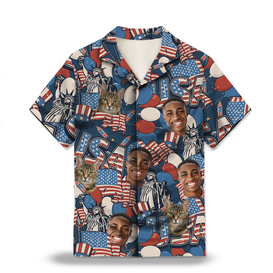 Image: Retro USA Flag Custom Hawaiian Shirts. Featuring vintage-inspired designs with the iconic USA flag motif in retro colors, perfect for patriotic celebrations like Independence Day. Alt text for accessibility.