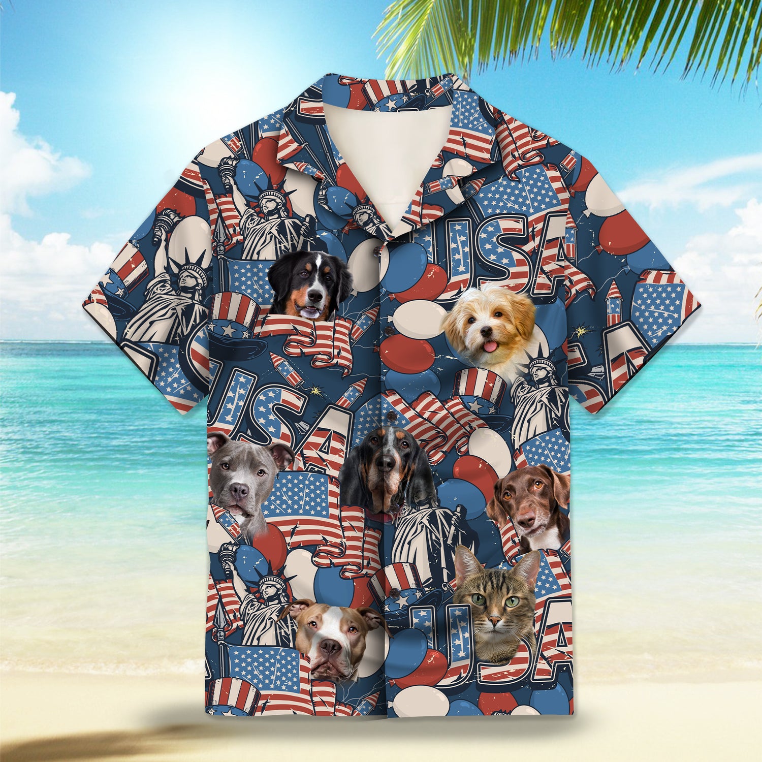 Image: Retro USA Flag Custom Hawaiian Shirts. Featuring vintage-inspired designs with the iconic USA flag motif in retro colors, perfect for patriotic celebrations like Independence Day. Alt text for accessibility.