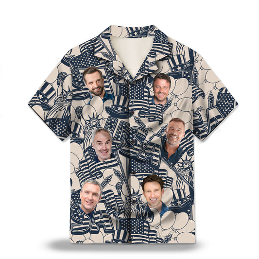 Image: Retro USA Independence Day in Navy and Ivory Custom Hawaiian Shirts. Featuring vintage-inspired patriotic designs in navy and ivory colors, perfect for celebrating Independence Day and other national events. Alt text for accessibility.