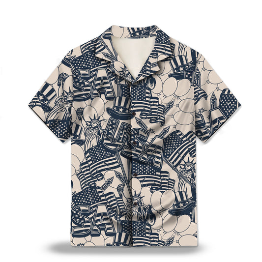 Image: Retro USA Independence Day in Navy and Ivory Custom Hawaiian Shirts. Featuring vintage-inspired patriotic designs in navy and ivory colors, perfect for celebrating Independence Day and other national events. Alt text for accessibility.