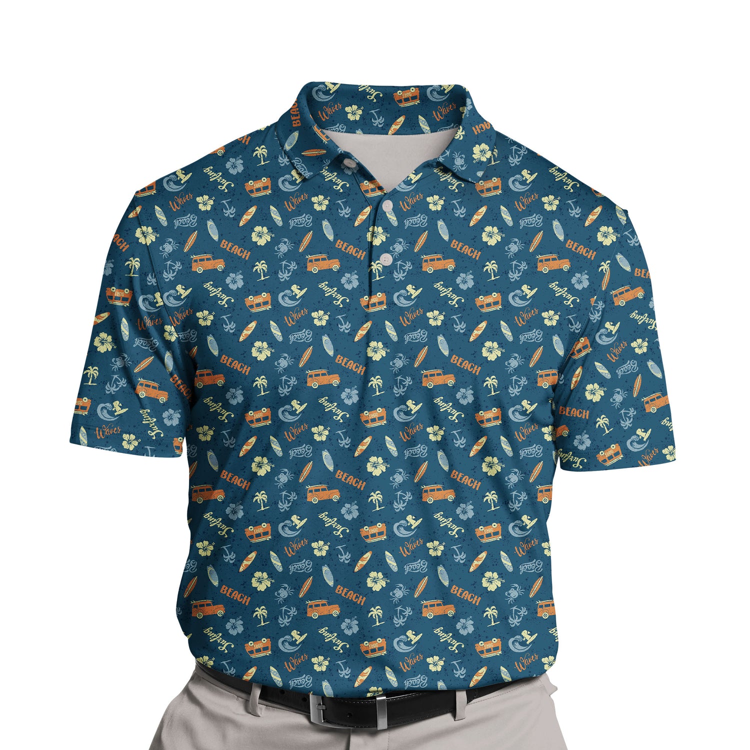 Colorful funny golf shirts with faces on them and cartoon characters.
