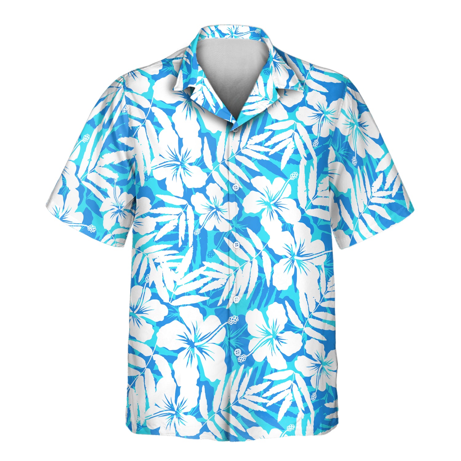 Blue and white custom Hawaiian shirts with faces on them, featuring hibiscus flower silhouettes, offering lightweight tropical vibes for any stylish occasion.
