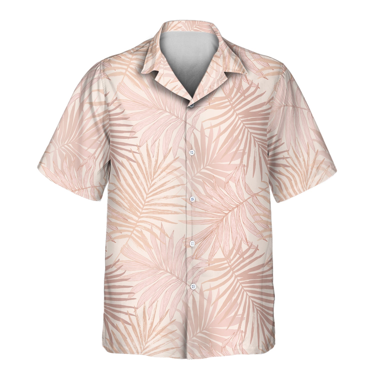 Pastel blush pink custom Hawaiian shirts with faces on them, featuring tropical leaf designs, offering a soft, stylish touch for beach days and casual outings.