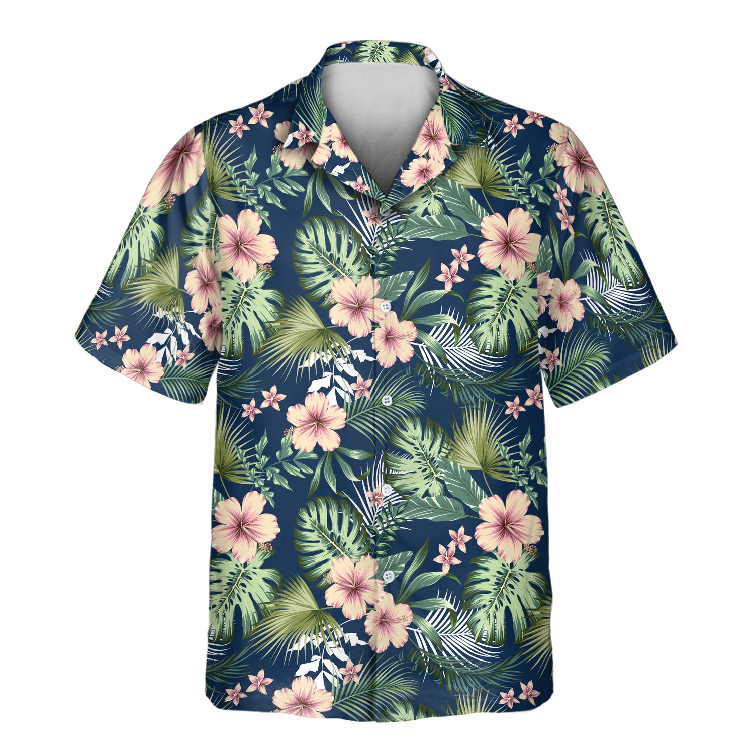 A vibrant Botanical Tropical Florals Custom Hawaiian Shirt featuring lush tropical flowers and leaves in rich colors. This stylish, breathable shirt showcases elegant hibiscus, frangipani, and foliage, perfect for summer, beach vacations, or casual island wear. Designed for comfort with a relaxed fit, short sleeves, and a classic button-up style.