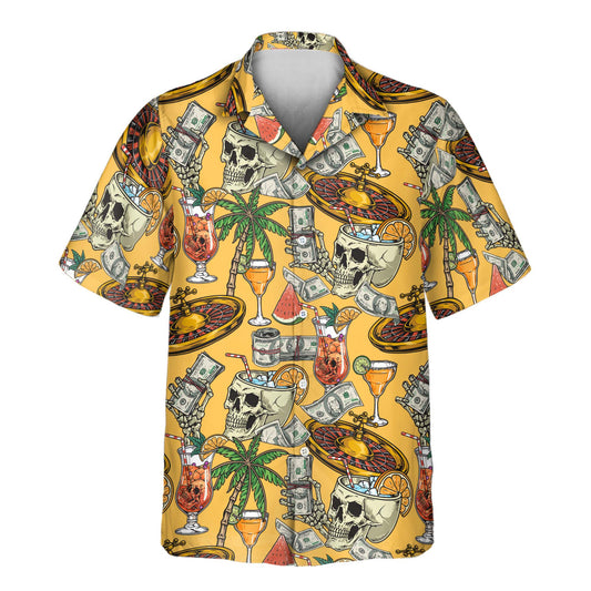 Retro-inspired custom Hawaiian shirts with faces on them, showcasing casino designs with jackpot symbols, cocktails, and palm trees, perfect for leisure and fun.