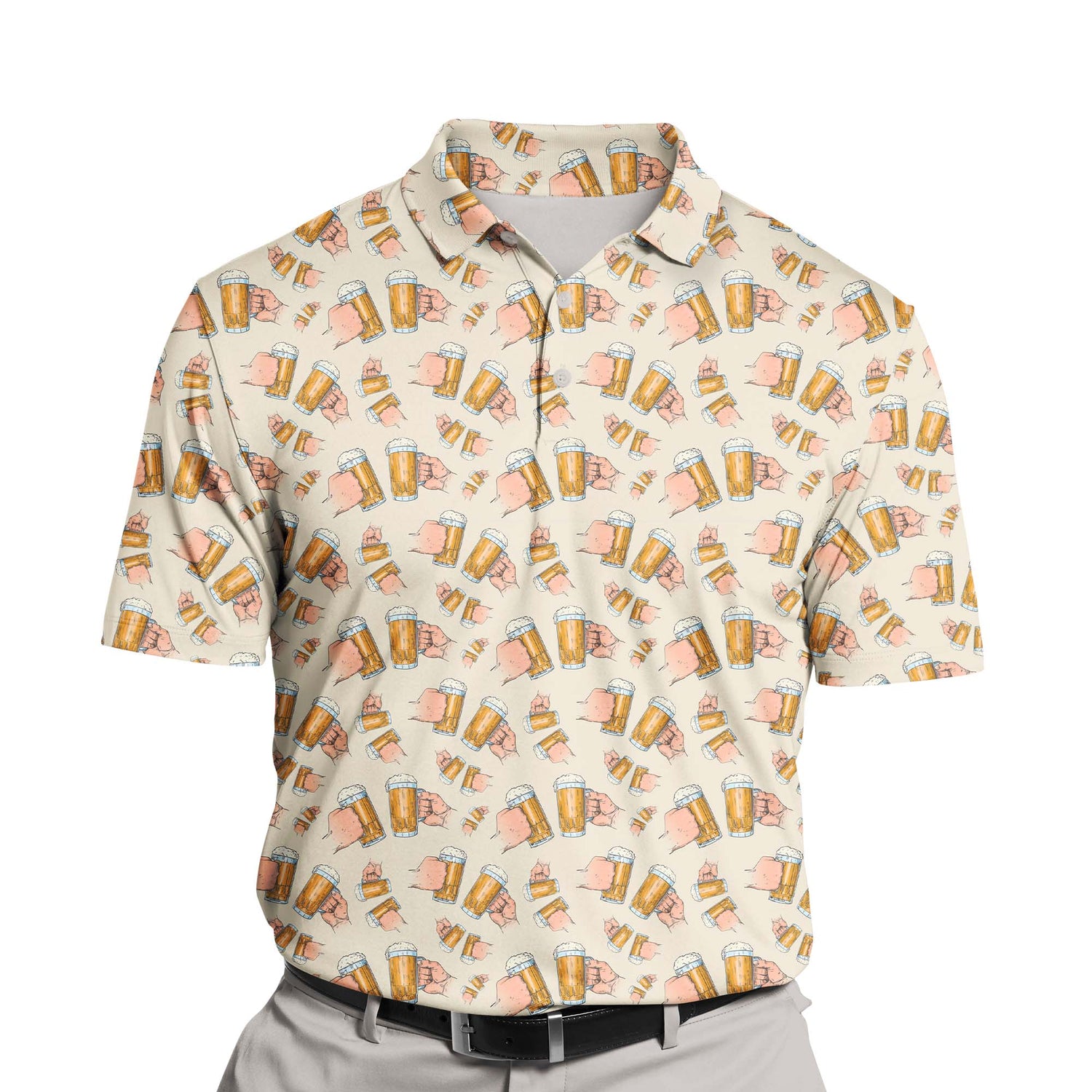Cheerful Oktoberfest festival-themed funny golf shirts with faces.