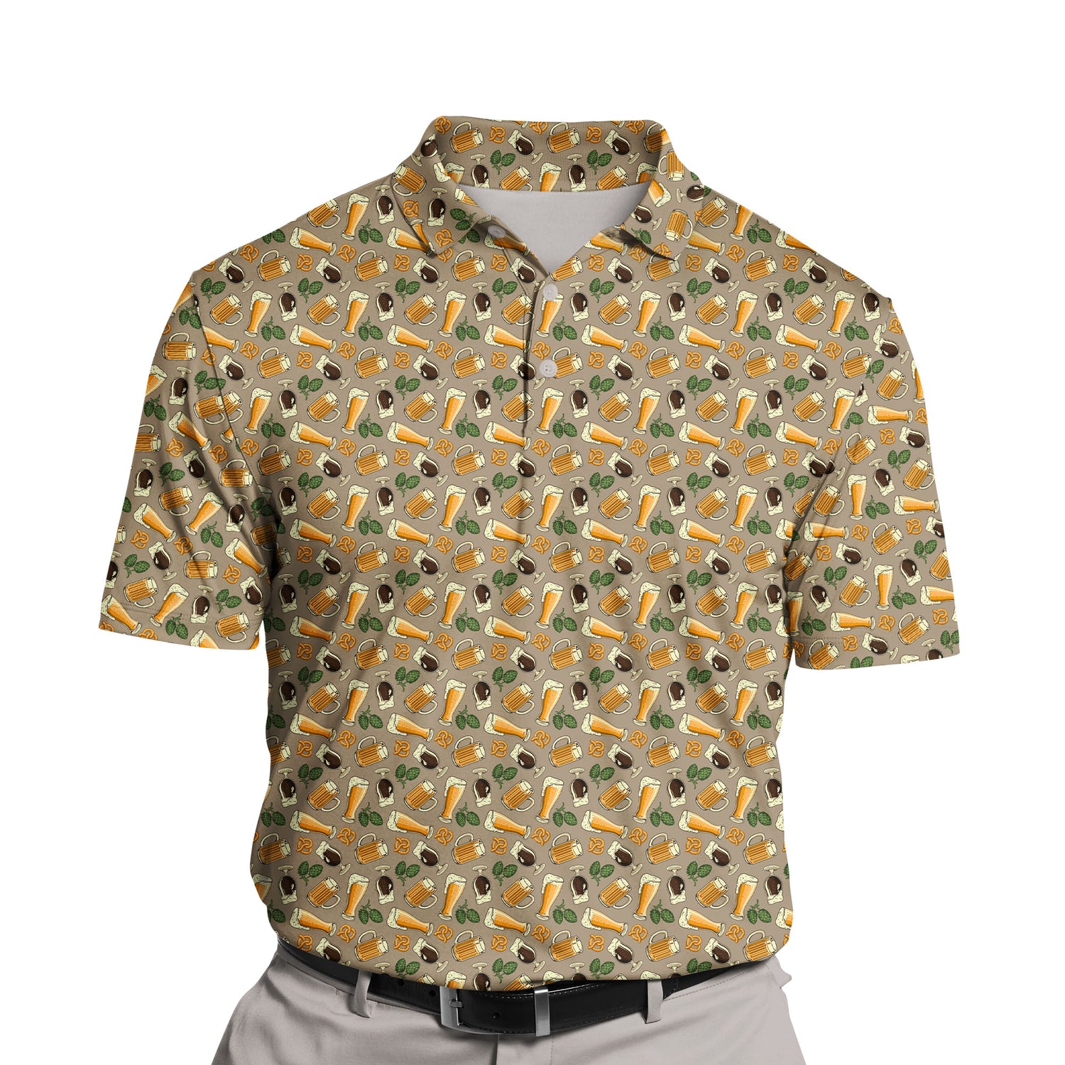 Custom golf clothing showcasing funny beer-themed designs and faces.