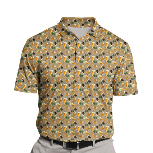 Custom golf clothing showcasing funny beer-themed designs and faces.