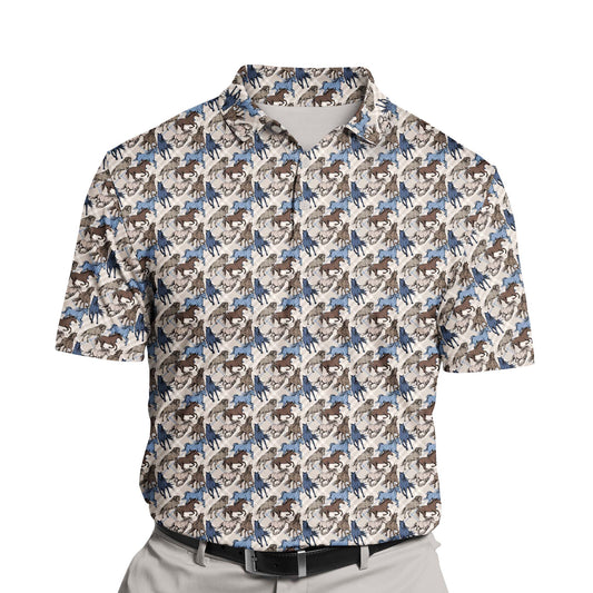 Fun, vibrant horses print on funny golf shirts with faces on them.