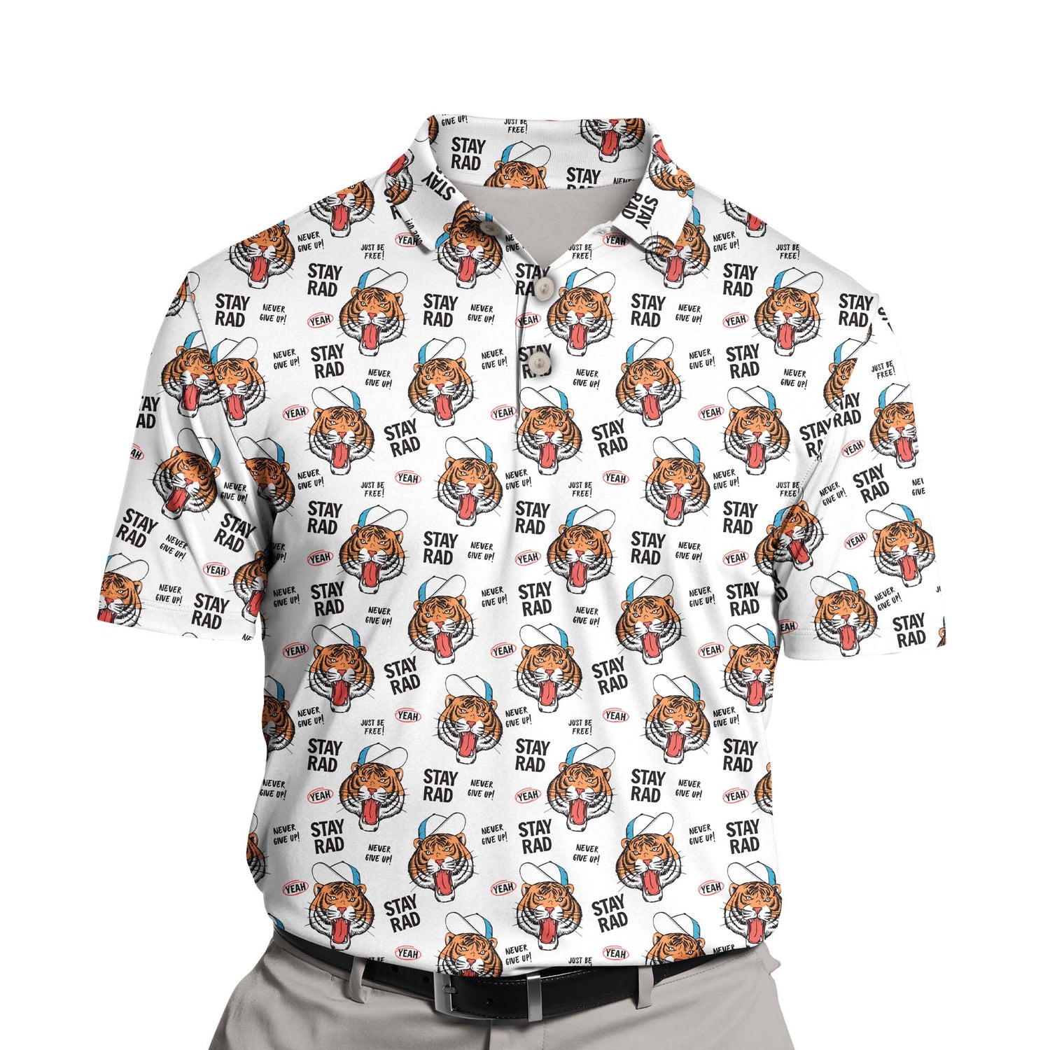 Custom golf polos with wild animal faces, perfect for golfers.