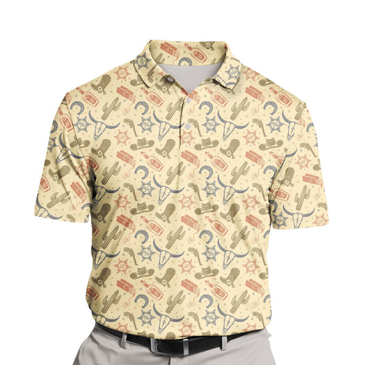 Cowboy Wild West golf shirt with humorous graphics and vibrant colors.