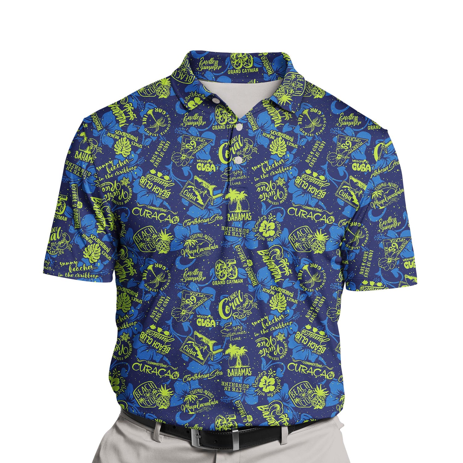Custom kids’ golf shirts with cute animal faces for summer.
