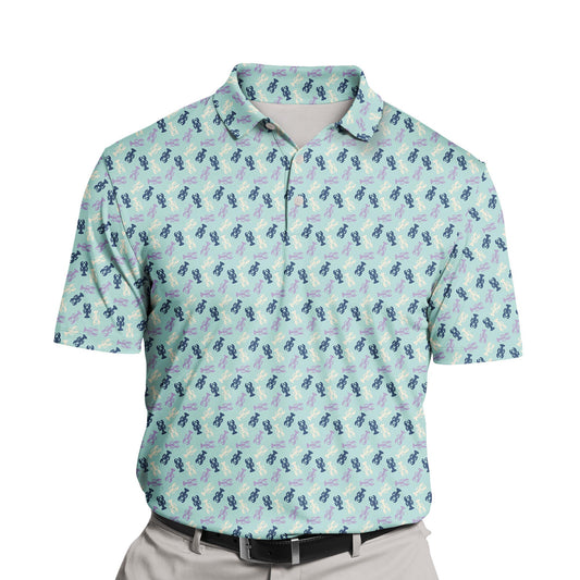 Custom funny golf shirts with faces on them and lobster illustrations.