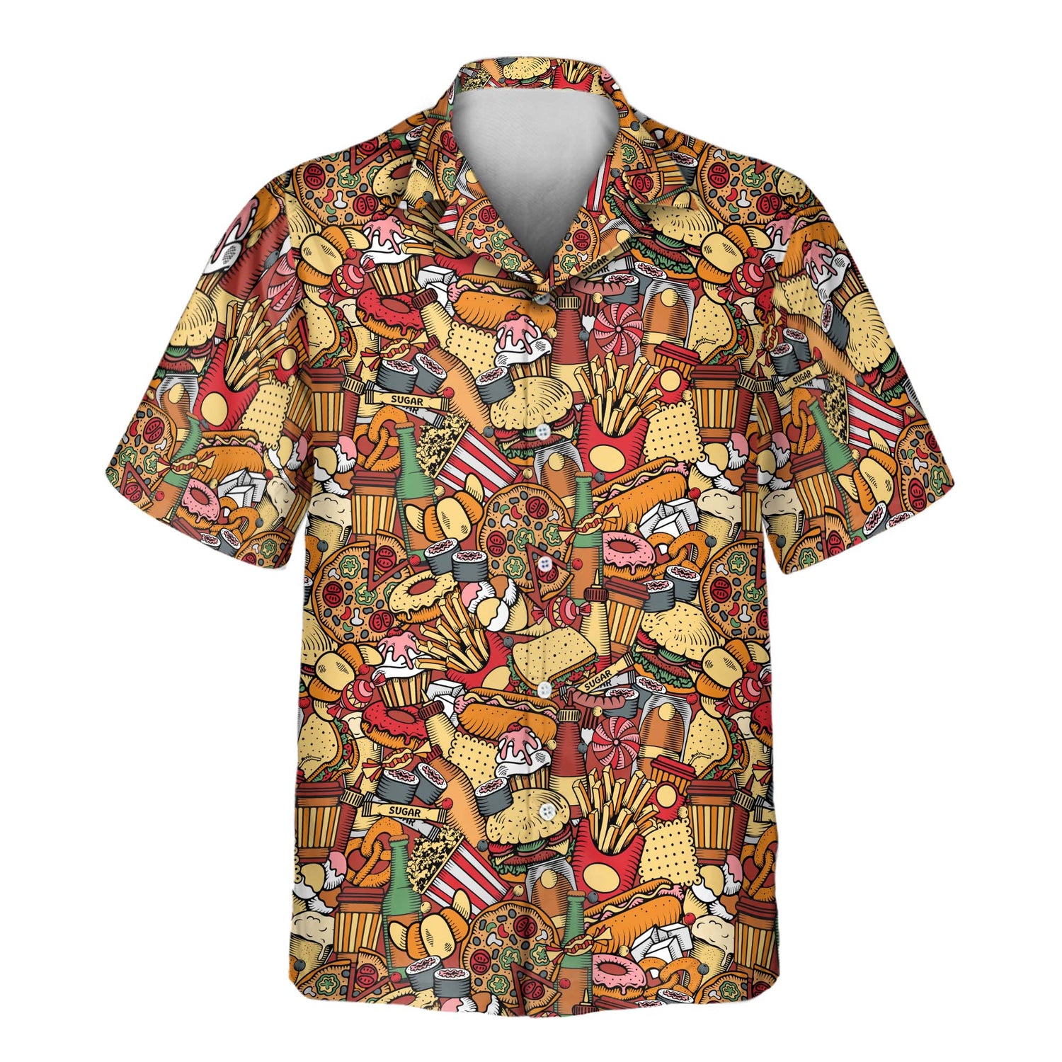 A fun and vibrant Fast Food Party Custom Hawaiian Shirt featuring delicious food designs like burgers, fries, cheese, lettuce, and refreshing drinks. Perfect for food lovers, this shirt combines a casual, summer vibe with tasty meal-inspired artwork, making it ideal for parties, festivals, and casual outings.