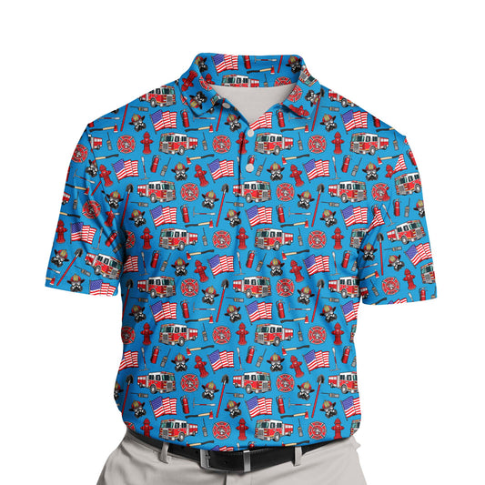 Custom firefighter-themed funny golf shirts with faces on them.