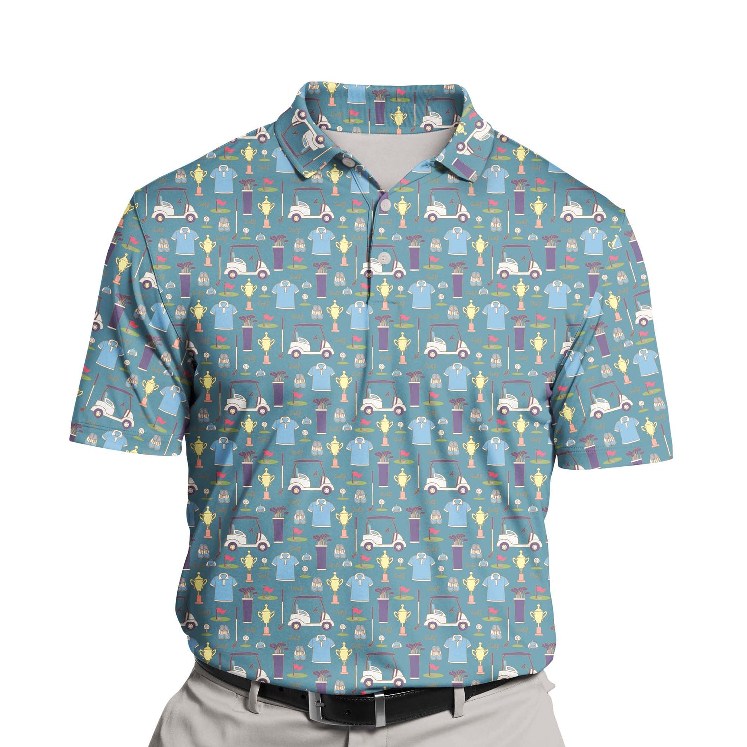 Vibrant funny golf shirts with faces on them, perfect for team events.