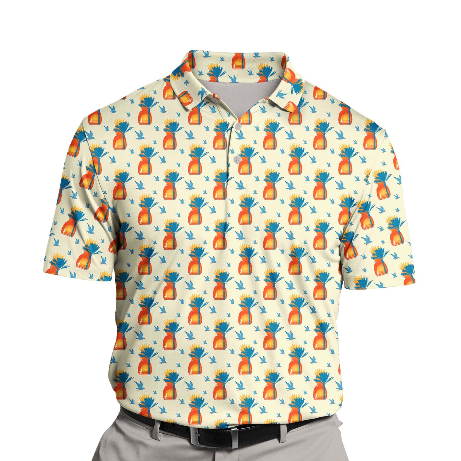 Custom golf clothing showcasing vibrant ocean sunset graphics and fun logos.