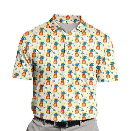 Custom golf clothing showcasing vibrant ocean sunset graphics and fun logos.