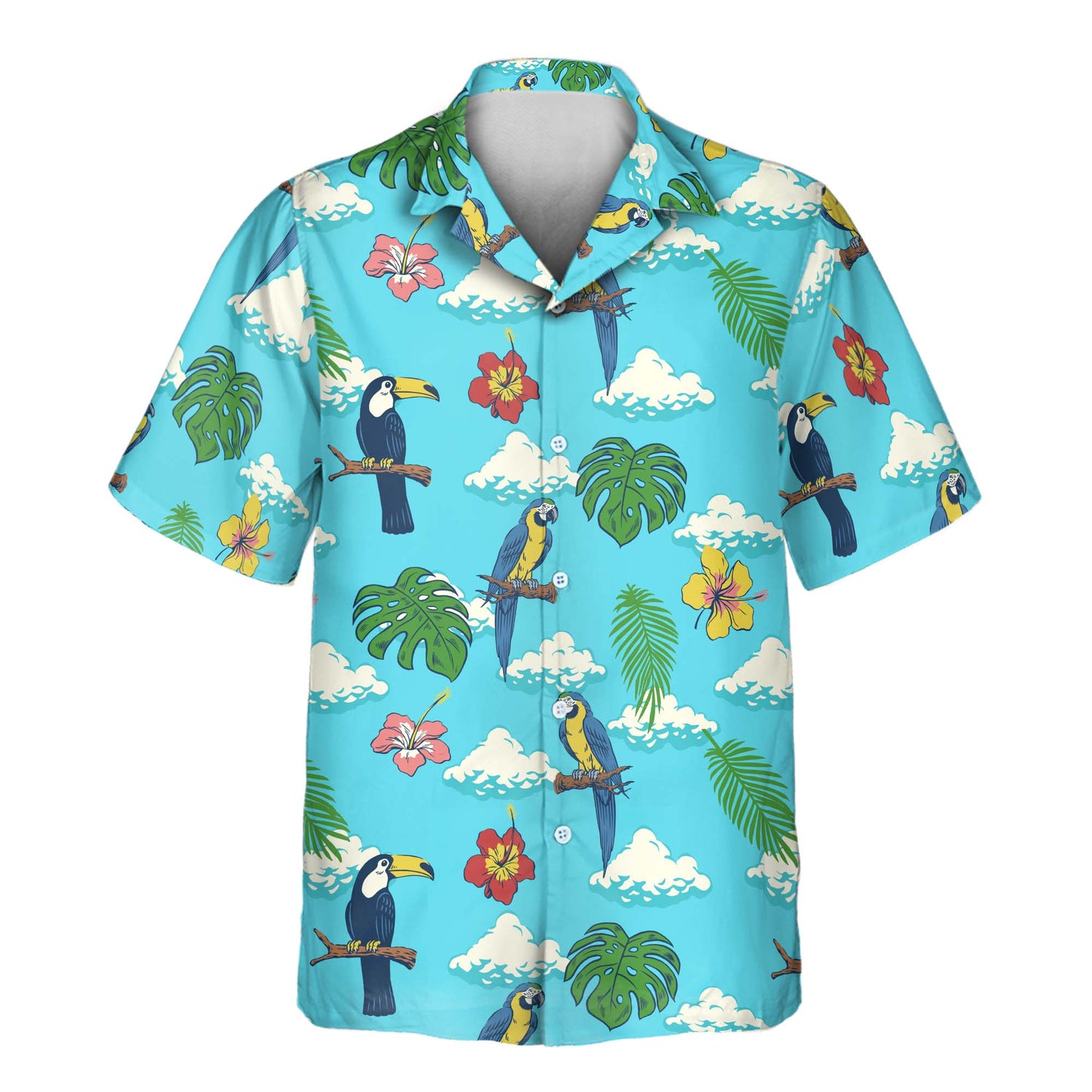 Custom Hawaiian shirts with faces on them, decorated with colorful jungle birds, exotic flowers, and tropical greenery for a unique summer look.