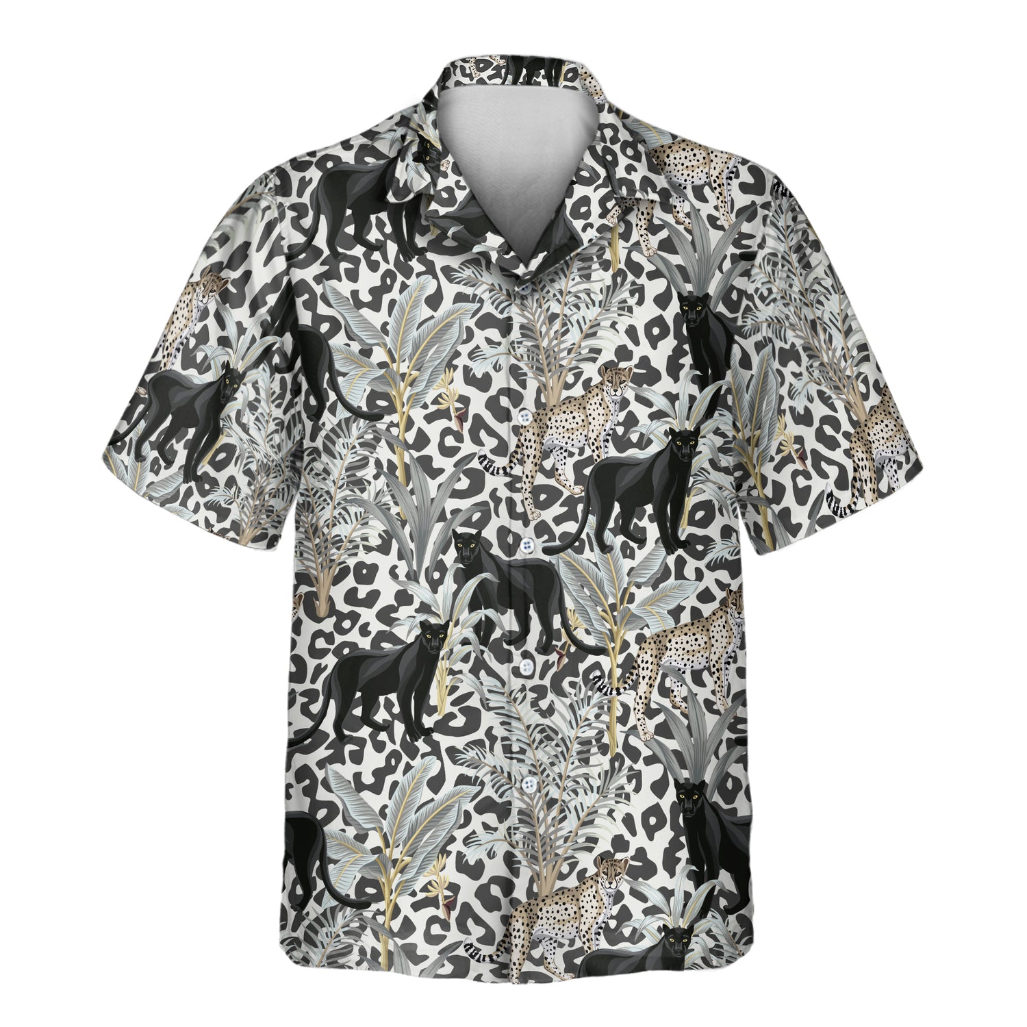 Vibrant Custom Hawaiian Shirts with Faces or Logos, showcasing leopards, panthers, and lush jungle patterns for a bold tropical look.