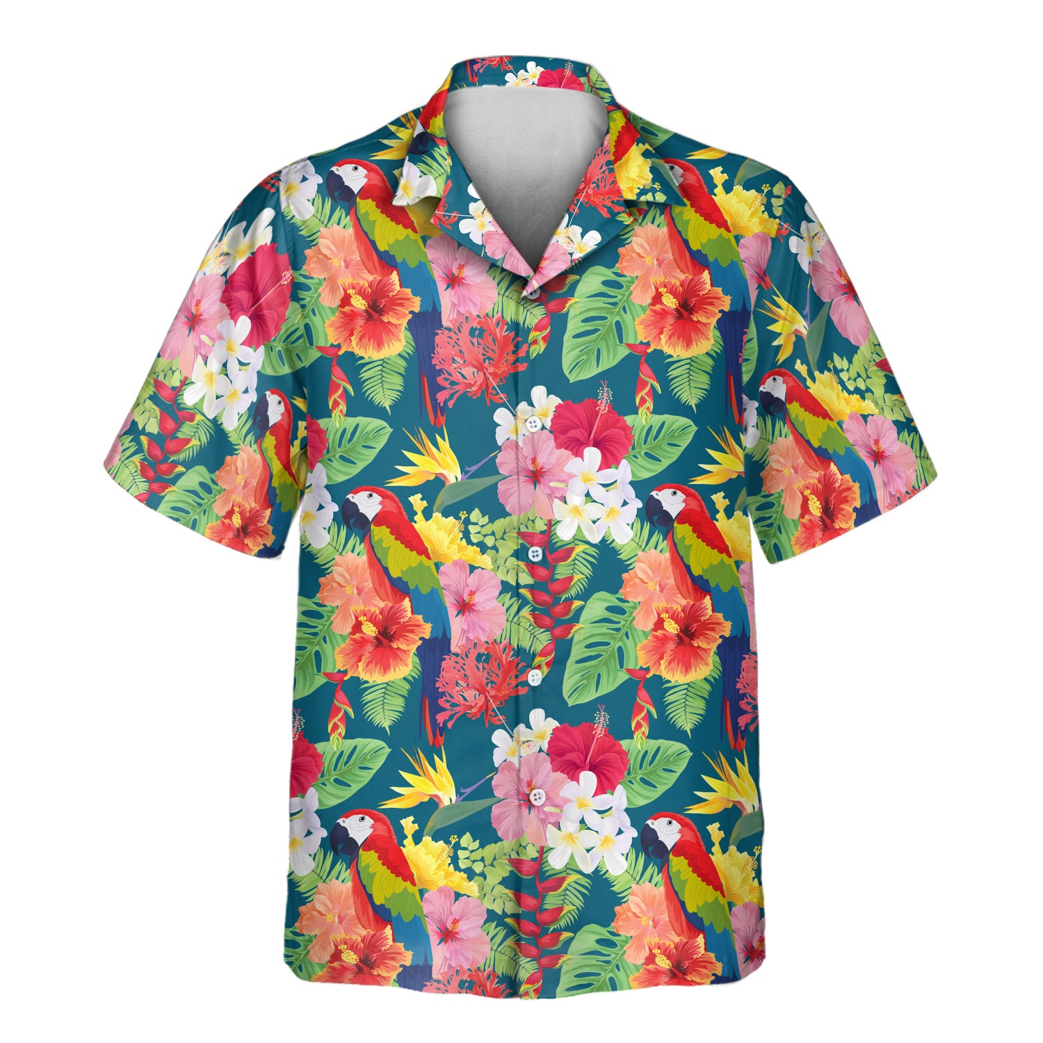 Fun custom Hawaiian shirts with faces on them, showcasing vibrant macaws, hibiscus, and bird of paradise flowers on a blue background for tropical flair.