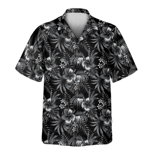 Stylish custom Hawaiian shirts with faces on them, showcasing a dark night hibiscus theme with botanical prints, palm leaves, and an exotic paradise vibe.

