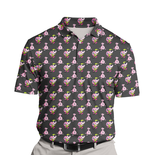 Close-up of funny golf shirts with faces on them, showcasing breathable fabric and cartoon thief graphics.