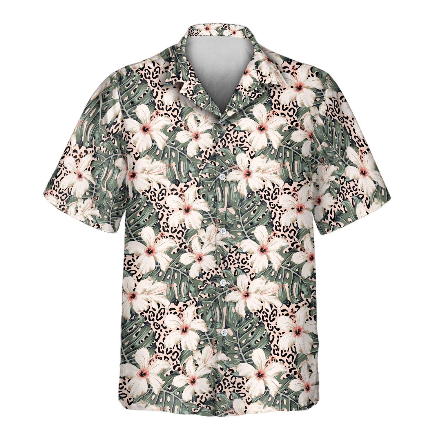 Shirts with faces on them, tropical custom Hawaiian shirts with lush monstera leaves, cream hibiscus flowers, and a chic leopard-print background.
