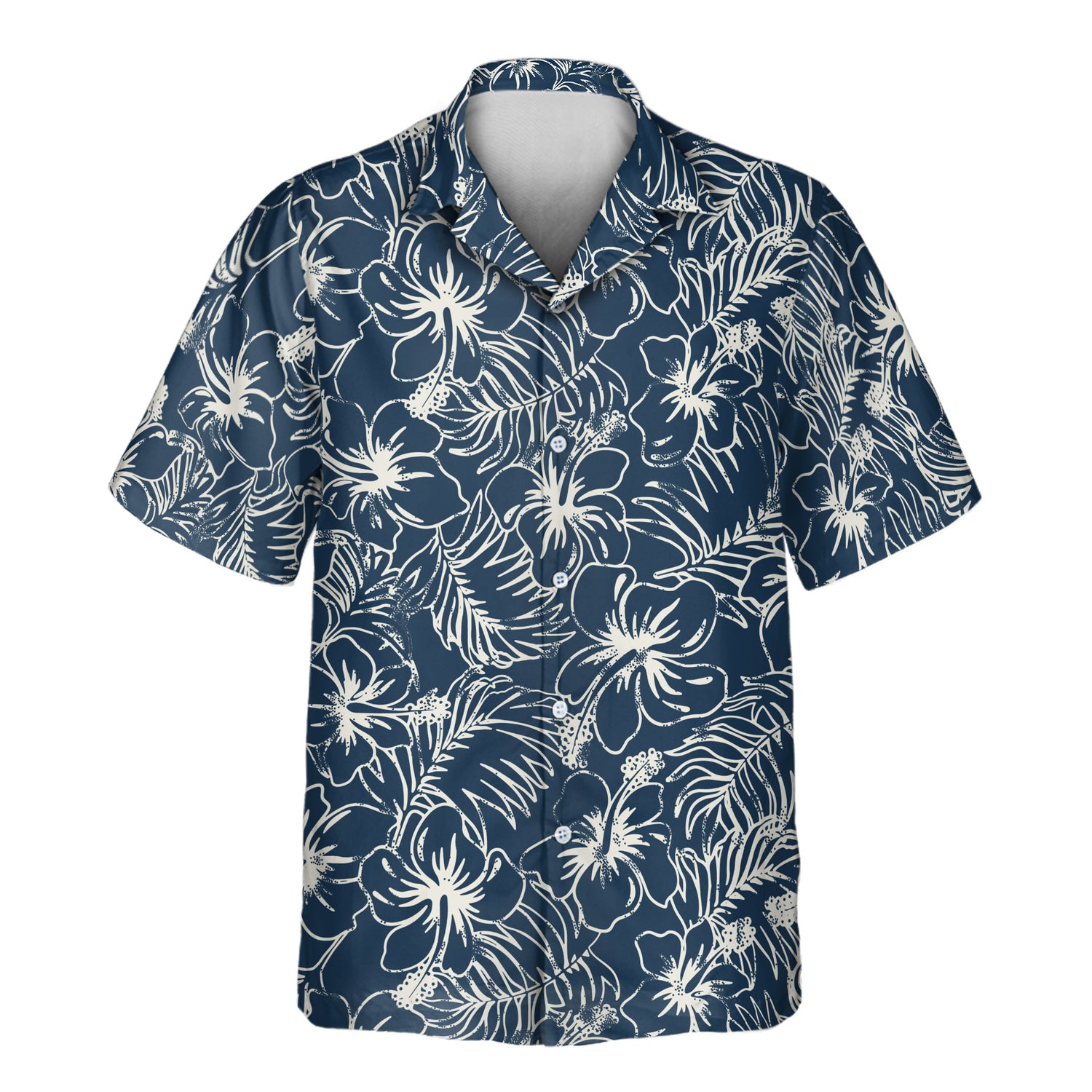 Stylish custom Hawaiian shirts with faces on them, showcasing hibiscus flowers and tropical plants in rich navy blue, ideal for tropical adventures and laid-back outings.