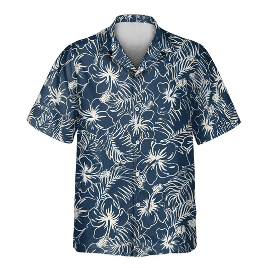 Stylish custom Hawaiian shirts with faces on them, showcasing hibiscus flowers and tropical plants in rich navy blue, ideal for tropical adventures and laid-back outings.
