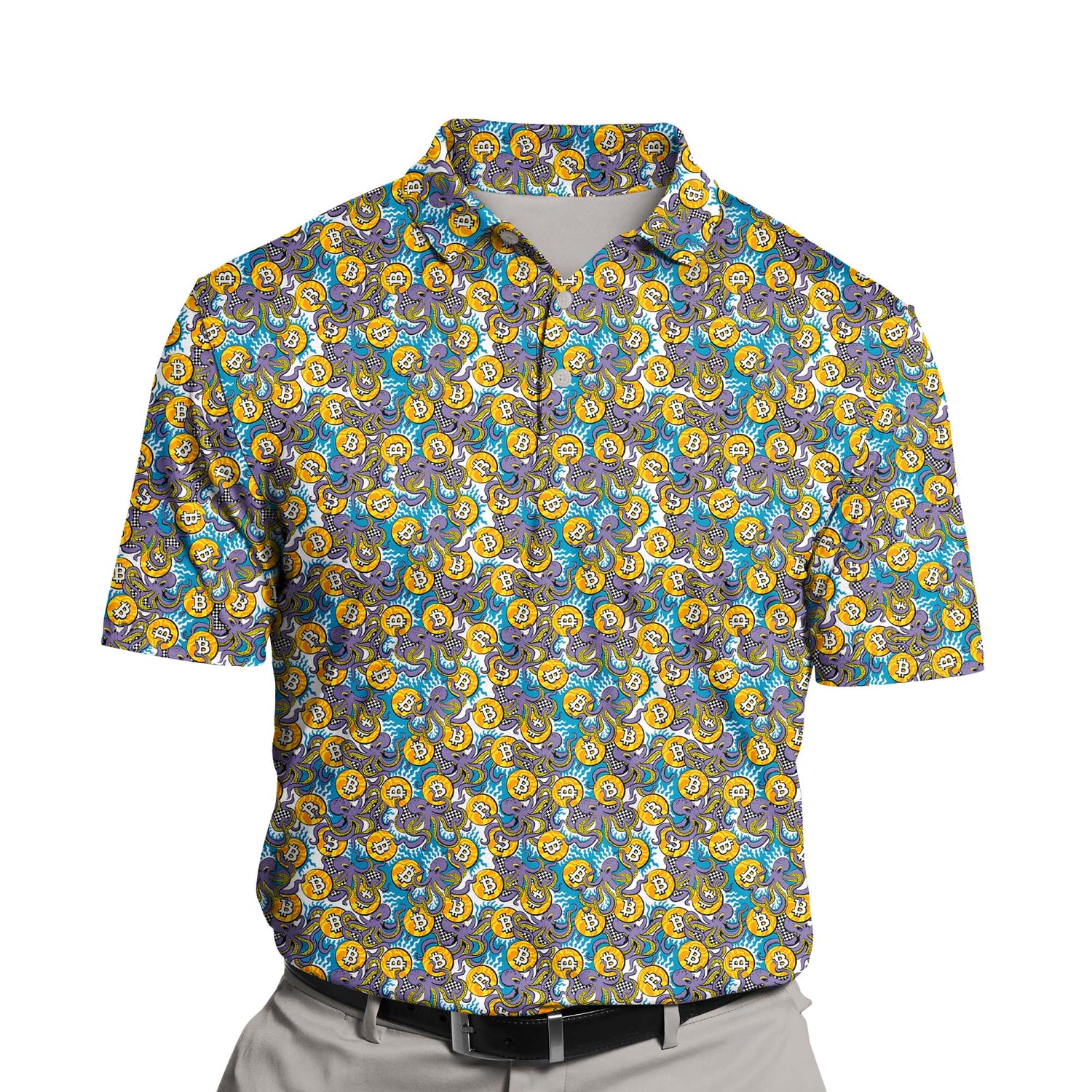 Custom funny golf shirts with faces and marine life-inspired logos.