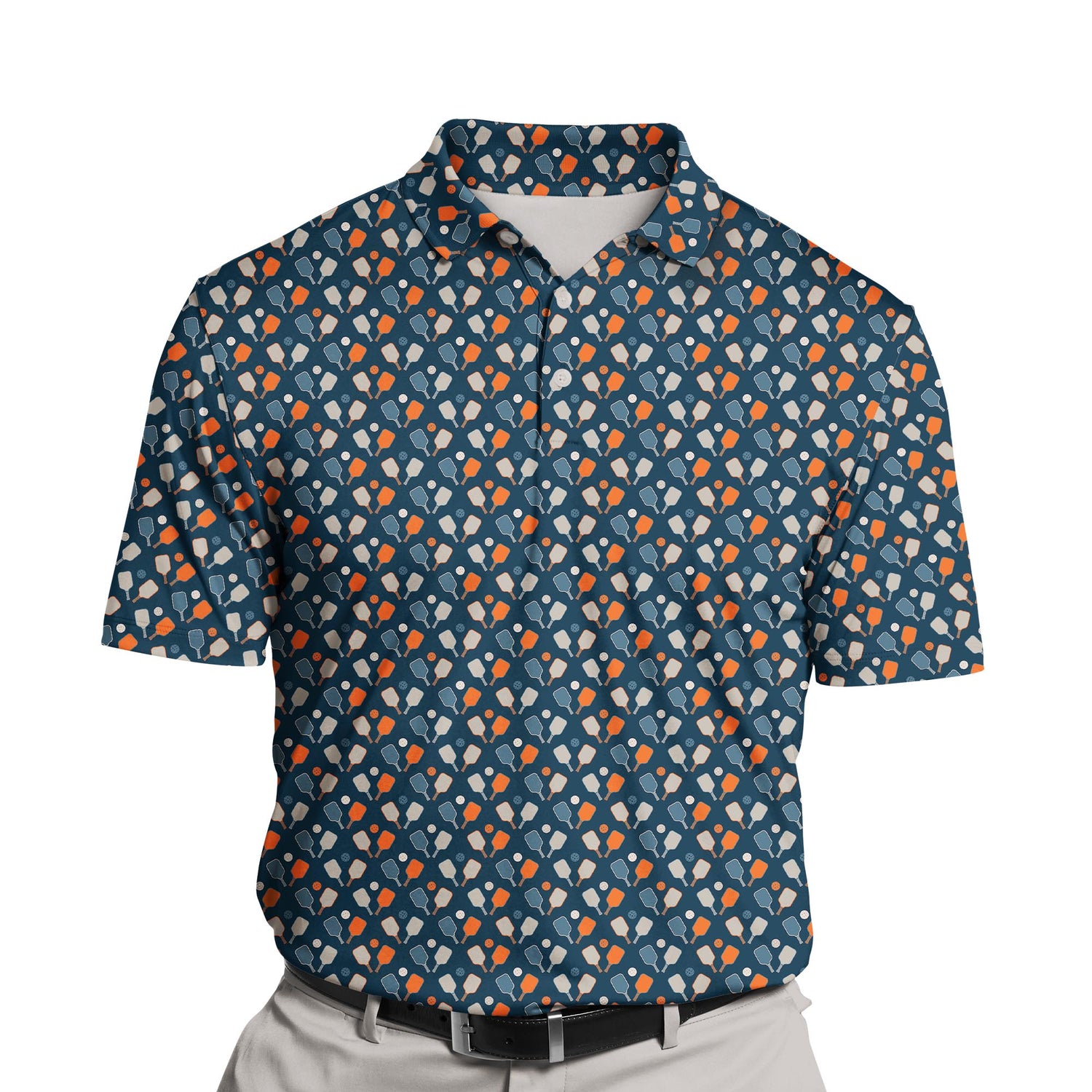 Custom funny golf shirts with faces on them in dark blue background.