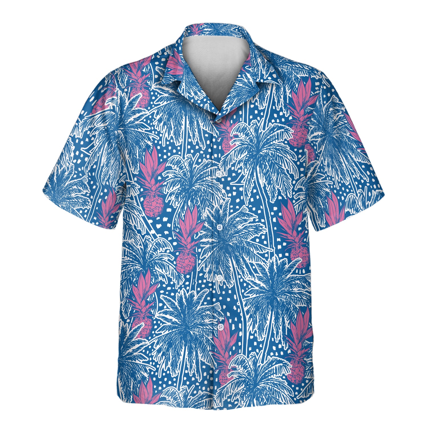 Fun custom Hawaiian shirts with faces on them, showcasing vibrant palm trees, pineapples, and playful polka dots on an ocean blue background for tropical getaways.