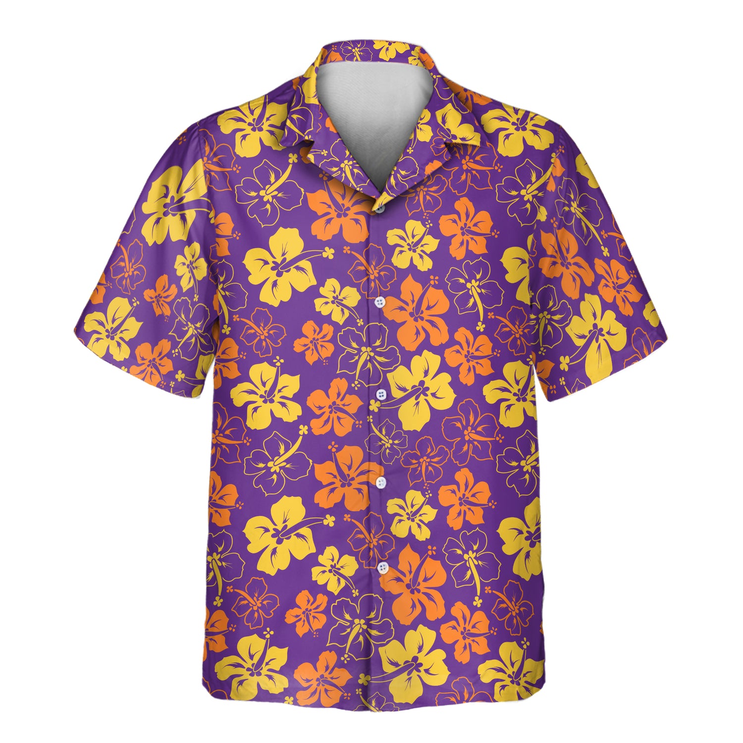 A Purple Floral Hibiscus Custom Hawaiian Shirt featuring vibrant purple hibiscus flowers and tropical floral accents. This comfortable, short-sleeve shirt is perfect for beach vacations, summer parties, or casual island wear, offering a bold and tropical design with a relaxed fit.