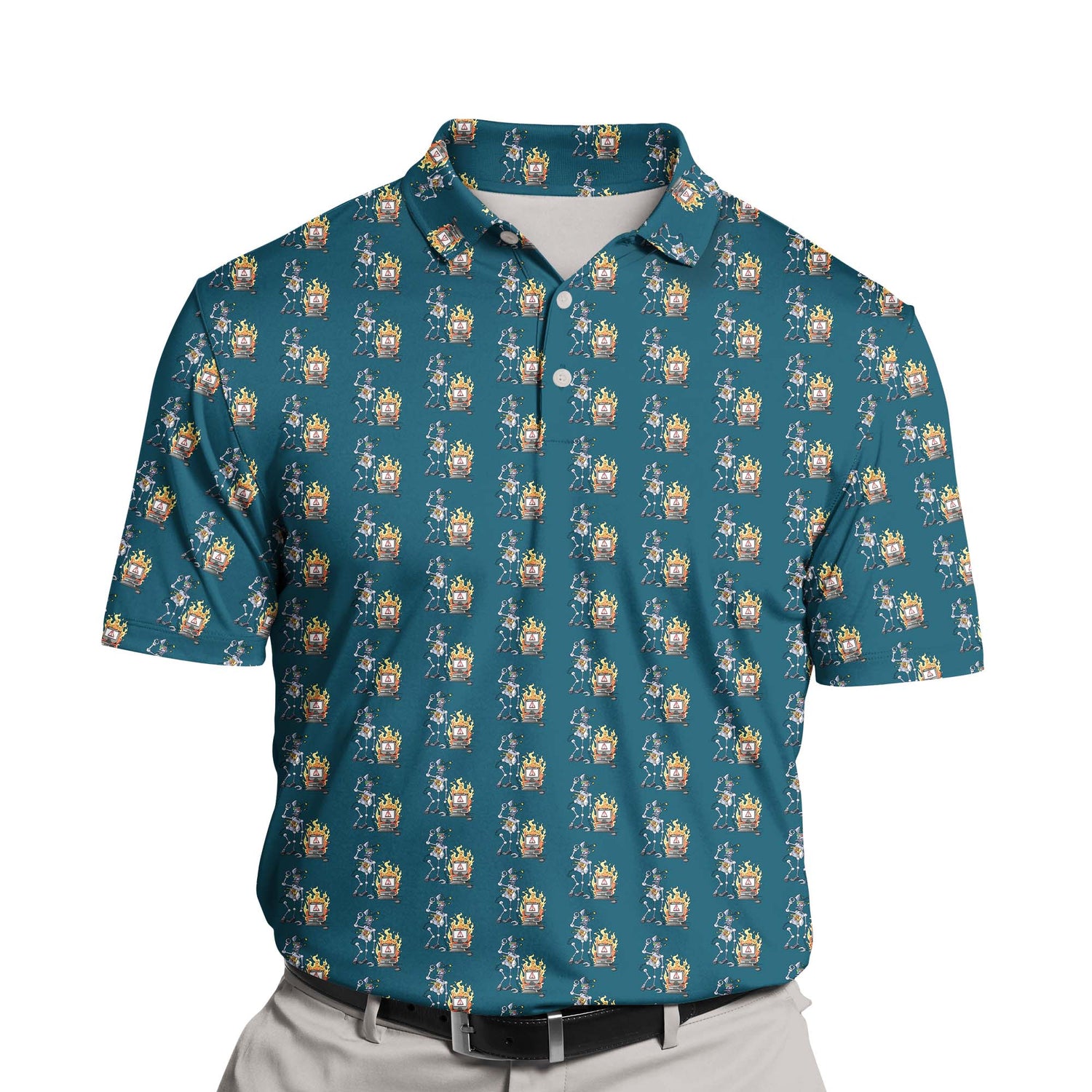 Fun cartoon robot print on custom golf clothing featuring quirky designs.