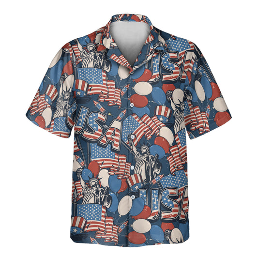 Patriotic custom Hawaiian shirts with faces on them, showcasing retro-colored USA flag designs, ideal for Independence Day or any American-themed event.