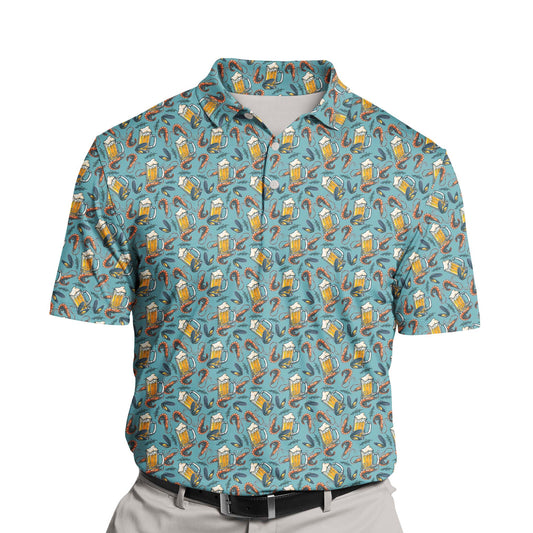Close-up of funny golf shirts with faces on them, showing breathable cooling fabric and seafood-inspired graphics.