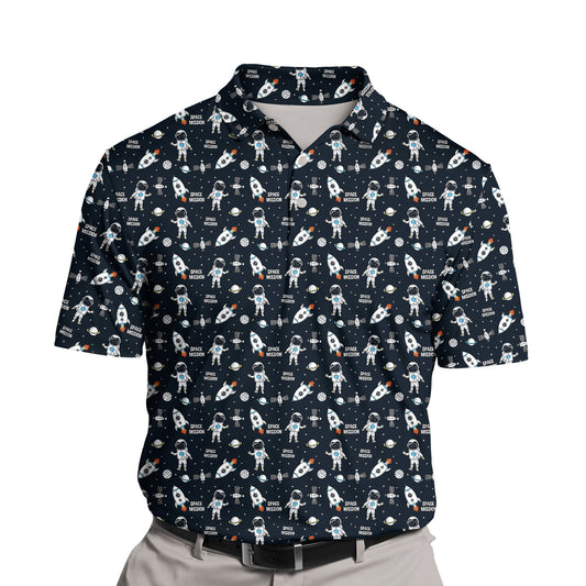 Custom golf shirts with cosmic designs and cartoon rocket ships.