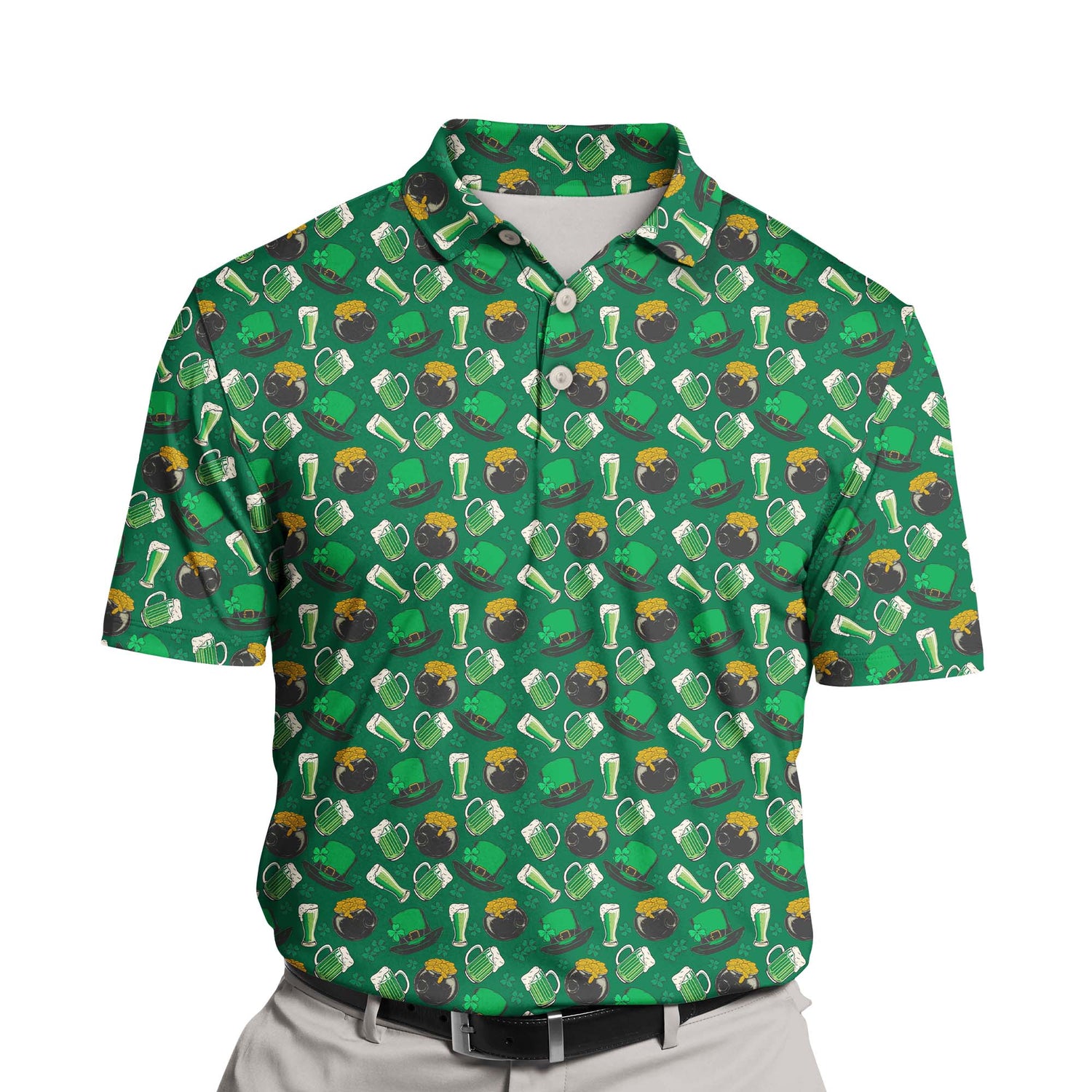 Colorful funny golf shirts with faces on them celebrating Irish culture.