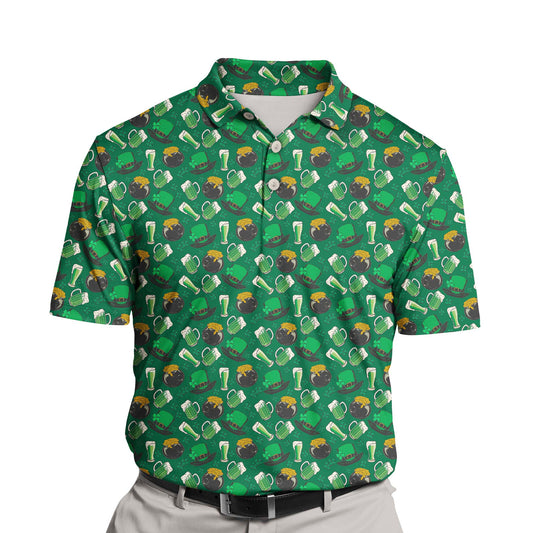 Colorful funny golf shirts with faces on them celebrating Irish culture.