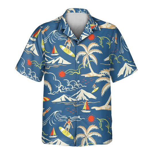 Ride the waves in custom Hawaiian shirts with faces on them, showcasing ocean designs, palm trees, surfers, and sailboats. Ideal for tropical getaways and island style.