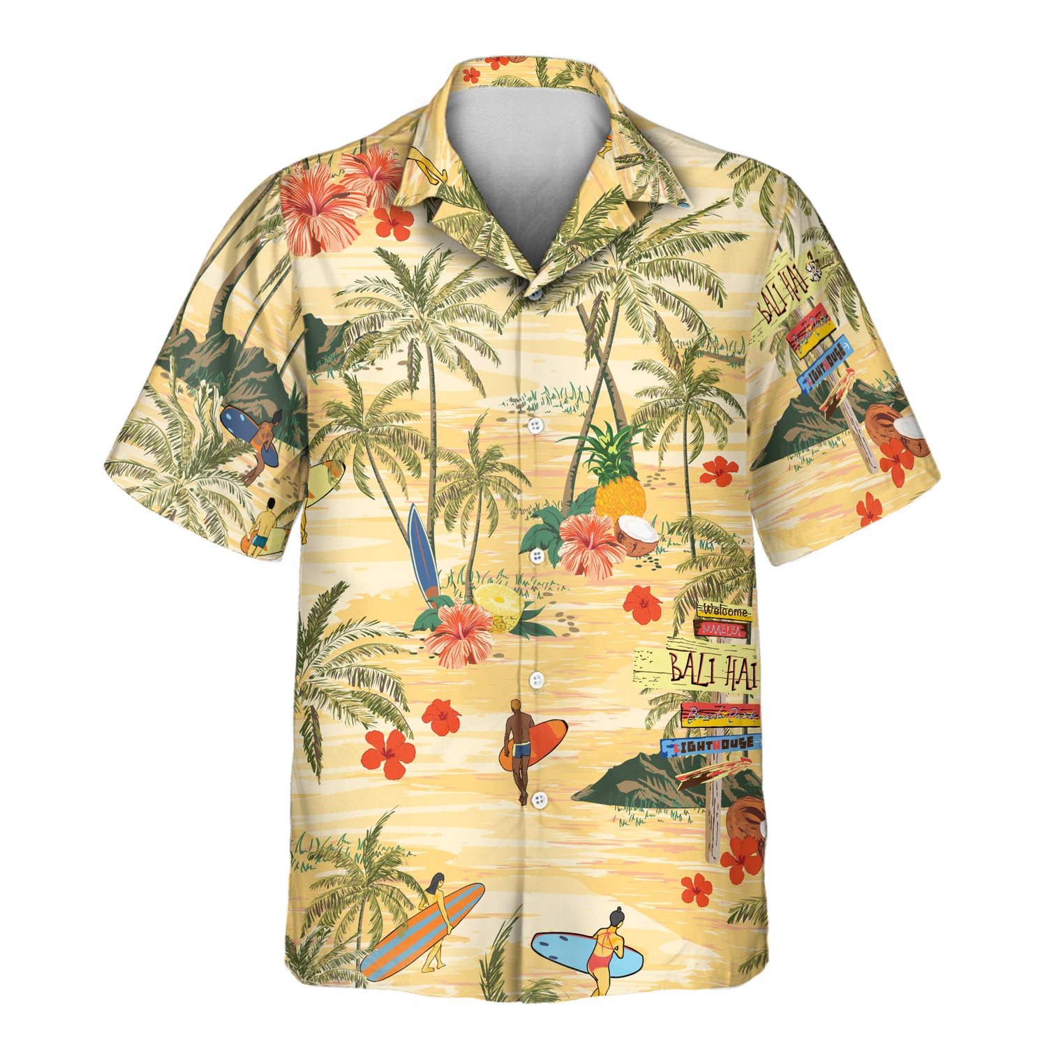 Fun custom Hawaiian shirts with faces on them, featuring surfers and palm trees on a light yellow background. Ideal for beach getaways and tropical vibes.
