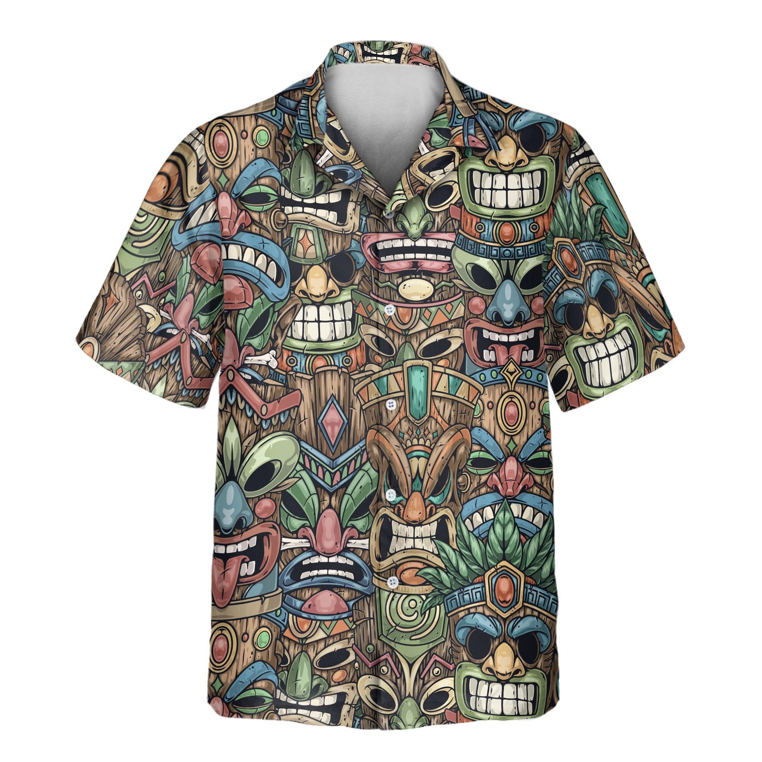 Playful custom Hawaiian shirts with faces on them, showcasing intricate Tiki mask designs in bright colors, ideal for standing out with a tropical island feel.
