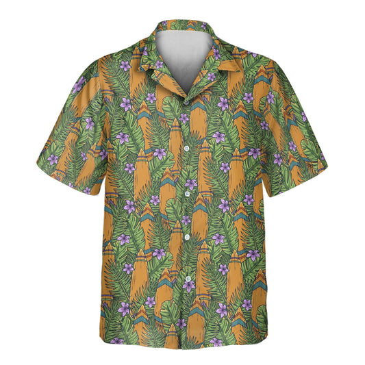 Custom Hawaiian shirts with Polynesian tiki mask prints, adding a fun and cultural twist to stylish shirts with faces on them for summer.
